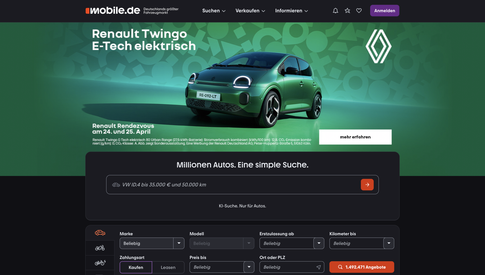 Page d'accueil Mobile.de pour rechercher une voiture en Allemagne