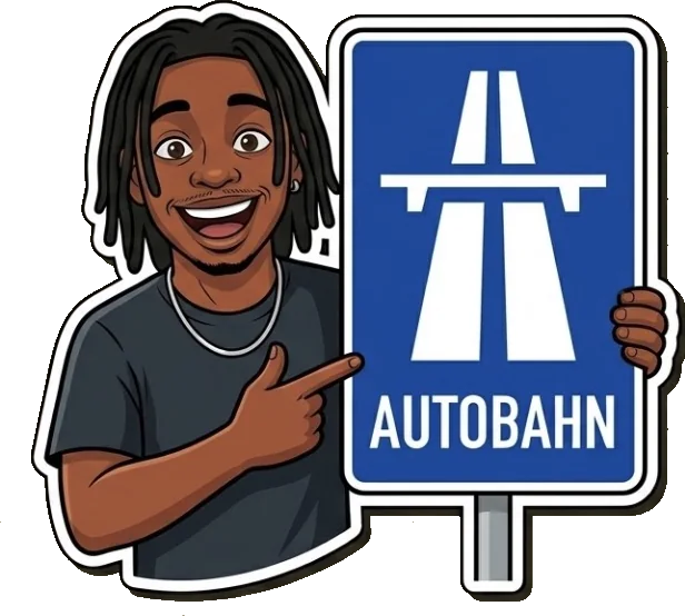 Ibrahima devant un panneau Autobahn : achat et transport depuis l’Allemagne (dessin)