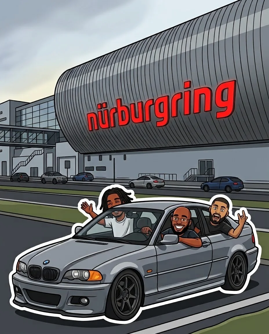 Moussa, Ibrahima et Mehdi dans une BMW 330Ci E46 devant le Nürburgring (dessin)