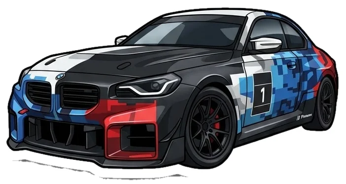 BMW M2 en livrée course, la voiture de piste dont rêve Ibrahima (dessin)