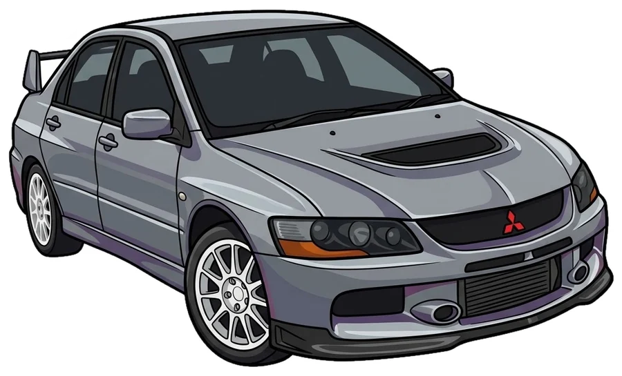 Mitsubishi Lancer Evo IX grise, la voiture de piste dont rêve Moussa (dessin)